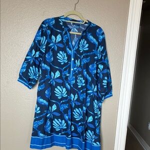 Tropical Palm Print V-Neck Tunic Dress in Navy and Turquoise